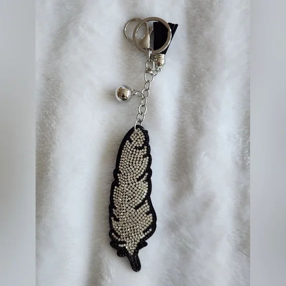 Elegant Black and Silver Feather Rhinestone Keychain Bag Charm - Picture 1 of 3